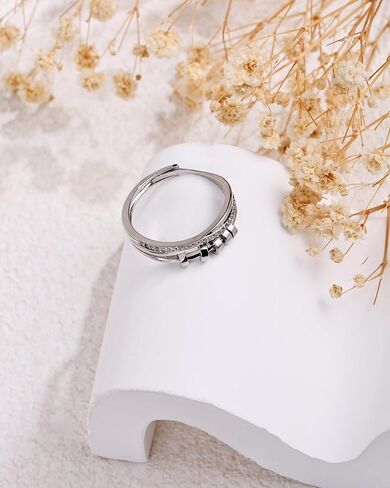 Adjustable Zircon Ring for Women - Sterling Silver Open Statement Ring with Rotating Cylinders, Stackable Fashion Jewelry in Kuwait