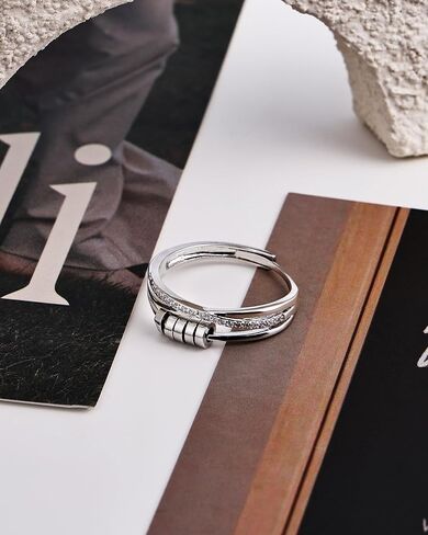 Adjustable Zircon Ring for Women - Sterling Silver Open Statement Ring with Rotating Cylinders, Stackable Fashion Jewelry in Kuwait