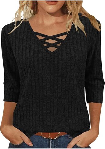 Womens Sweaters 3/4 Sleeve V Neck Sweatshirts Loose Tunic Tops Criss Cross Dressy Casual Blouses Fall Fashion Shirts in Saudi Arabia