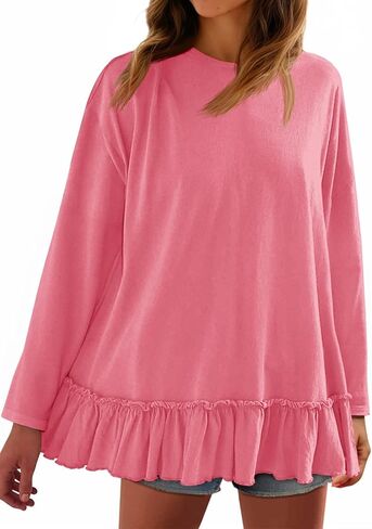 Tankaneo Womens Oversized Peplum Tunic Tops Long Sleeve Babydoll Tops Casual Pleated Shirts Crew Neck Flowy Loose Fit Tees in Saudi Arabia