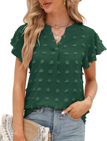Womens Summer Casual V Neck Tops Ruffle Short Sleeve Tunic Dressy Flowy Blouses Shirts 2025 in Saudi Arabia
