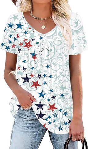 VVNTY American Flag Shirts: Women Stars and Stripes Tunic Tops Patriotic Pleated Dressy Casual V Neck Summer Tops in Saudi Arabia