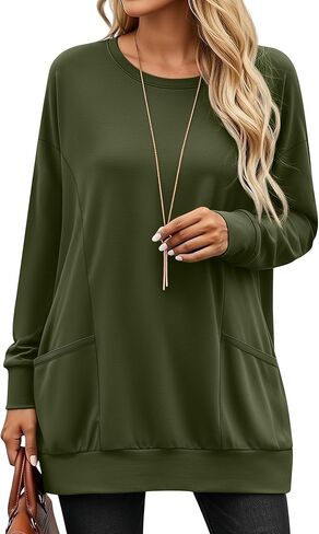 Women’s Long Sleeve Tunic Tops, Casual Cotton Oversized Crew Neck Sweatshirt Loose T Shirts with Pockets in Kuwait