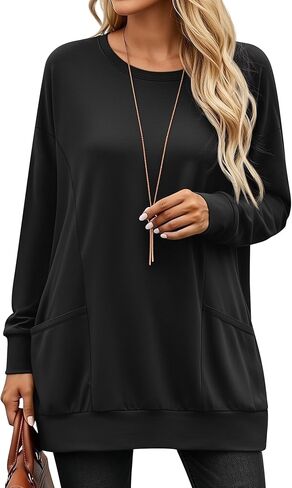 Women’s Long Sleeve Tunic Tops, Casual Cotton Oversized Crew Neck Sweatshirt Loose T Shirts with Pockets in Saudi Arabia