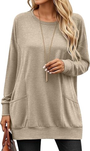 Women’s Long Sleeve Tunic Tops, Casual Cotton Oversized Crew Neck Sweatshirt Loose T Shirts with Pockets in Saudi Arabia
