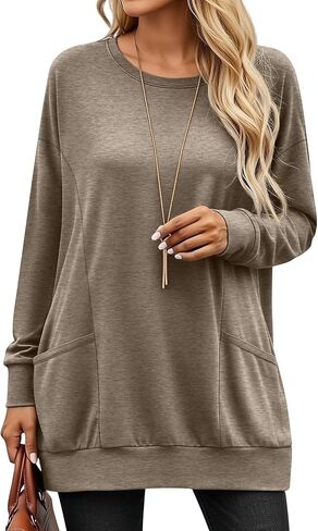 Women’s Long Sleeve Tunic Tops, Casual Cotton Oversized Crew Neck Sweatshirt Loose T Shirts with Pockets in Saudi Arabia