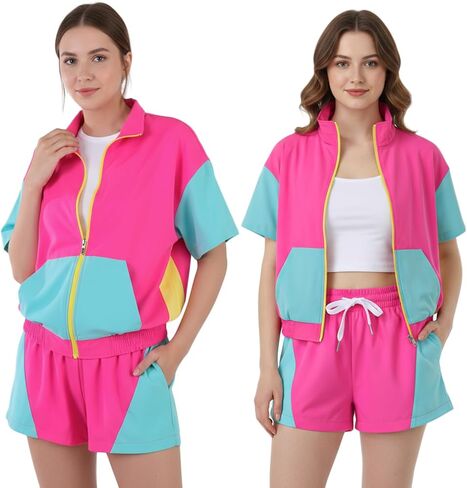 Women's 80s 90s Color Block Outfit 2 Piece Short Sleeve Windbreaker Tracksuit Set Costume Zip Up in Kuwait