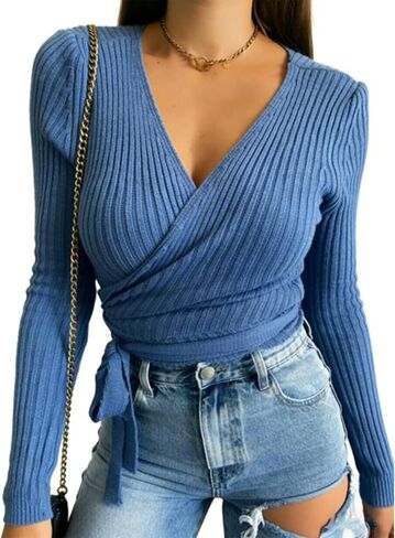 ZAFUL Women's V Neck Sweater Lantern Long Sleeve Pullover Cable Knit Cross Crop Top Casual Tie Wrap Tunic Jumper Blouses in Kuwait