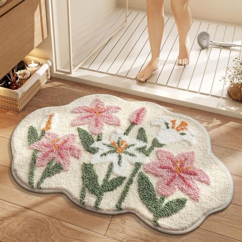 Cloud-Shaped Lily Bath Mat, Soft Non-Slip Fluffy Fresh Flowers Bathroom Rug, Ultra Absorbent Microfiber Shaggy Door Mat, Machine Washable Bath Rug Carpet for Bathtub Bedroom 20x31 Inch (White) in Saudi Arabia
