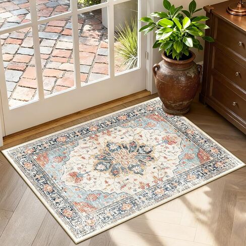 Vacuum-Friendly Area Rugs 8'x10' Machine Washable, Non-Slip, Floral Vintage Distress Print Pattern Medallion Carpet for Living Room Bedroom Brick Red Rust Neutral Brown Burnt Orange Green in Saudi Arabia