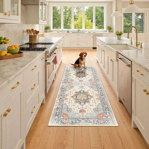 Vacuum-Friendly Area Rugs 8'x10' Machine Washable, Non-Slip, Floral Vintage Distress Print Pattern Medallion Carpet for Living Room Bedroom Brick Red Rust Neutral Brown Burnt Orange Green in Saudi Arabia