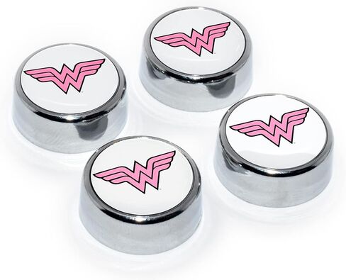 إليكتروبلات مرخصة رسميًا من DC Comics Wonder Woman باللون الوردي، أغطية لولبية للوحة الترخيص مطلية بالكروم - مجموعة من 4 قطع in Saudi Arabia