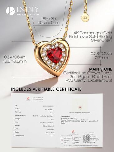 Certified 2CT Lab Grown Pigeon Blood Ruby Heart Necklace, 14K Champagne Gold Plated Sterling Silver Chain, Vintage Style Halo Pendant, Conflict-Free July Birthstone Gift for Women, Anniversary, Mother's Day, Box & Certificate Included in Saudi Arabia