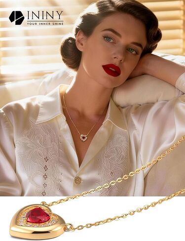 Certified 2CT Lab Grown Pigeon Blood Ruby Heart Necklace, 14K Champagne Gold Plated Sterling Silver Chain, Vintage Style Halo Pendant, Conflict-Free July Birthstone Gift for Women, Anniversary, Mother's Day, Box & Certificate Included in Saudi Arabia