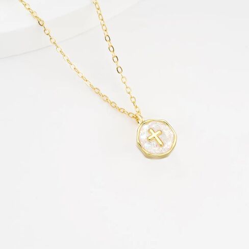 Gold Enamel Mini Cross Necklace Tiny Mother of Pearl Cross Necklace Religious Christian Gift for Baptism First Communion Christmas in Saudi Arabia