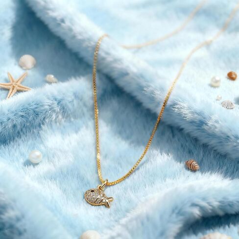 Dainty Gold Necklace for Women, 14K Gold Plated Cubic Zirconia Pendant Necklace, Dainty Fish Sea Turtle Pendant Necklace Ocean Beach Cute Trendy Gold Jewelry Necklaces for Women Gift in Saudi Arabia