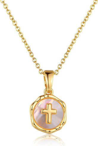 Gold Enamel Mini Cross Necklace Tiny Mother of Pearl Cross Necklace Religious Christian Gift for Baptism First Communion Christmas in Kuwait