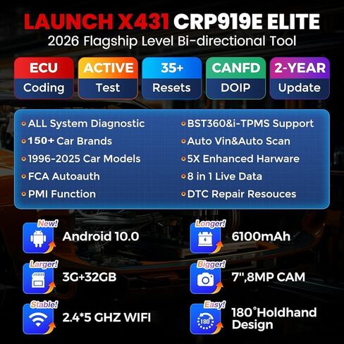 LAUNCH X431 CRP919E Elite OBD2 Scanner, 2025 New Bidirectional Scan Tool with CANFD DOIP, ECU Coding, Active Test, 35+ Service, Full System, FCA Autoauth, TPMS &BST360, 2-Year Free Update in Kuwait