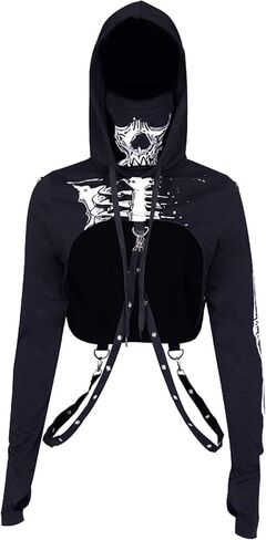 TSMNZMU Womens Gothic Cropped Hoodie Long Sleeve Punk Grunge Skull Print Shirt Mall Goth Alt Emo Tops with Iron Chain in Saudi Arabia