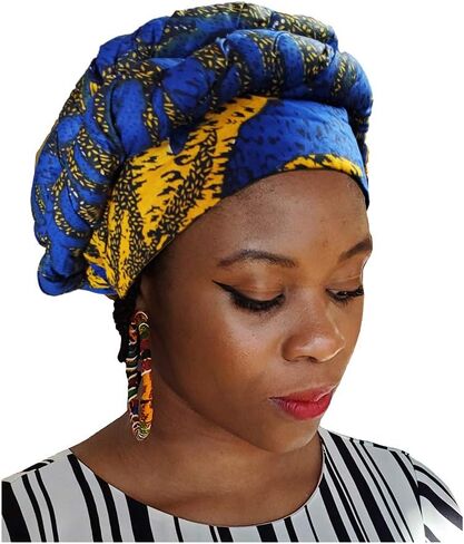 Dupsie's Blue and Gold African Print Modu Hat - Pre-tied Head wrap in Kuwait