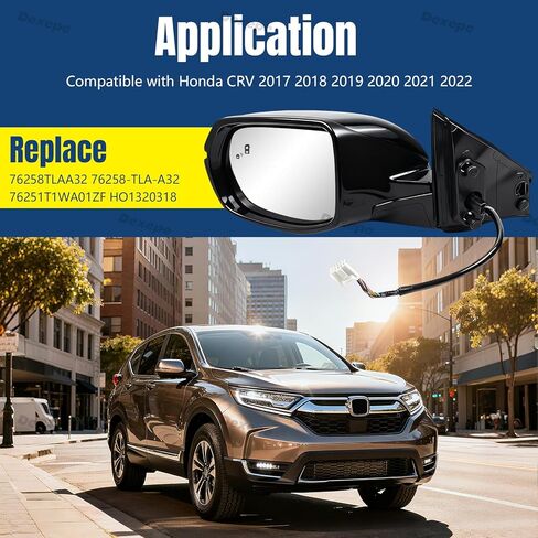 مجموعة مرآة جانبية للسائق متوافقة مع Honda CRV 2017-2022 مع شاشة ساخنة للبقع العمياء، إشارة الانعطاف، زجاج أسود قابل للتعديل للطاقة، استبدال 76258TLAA32 HO1320318 (9 دبابيس على اليسار) in Kuwait