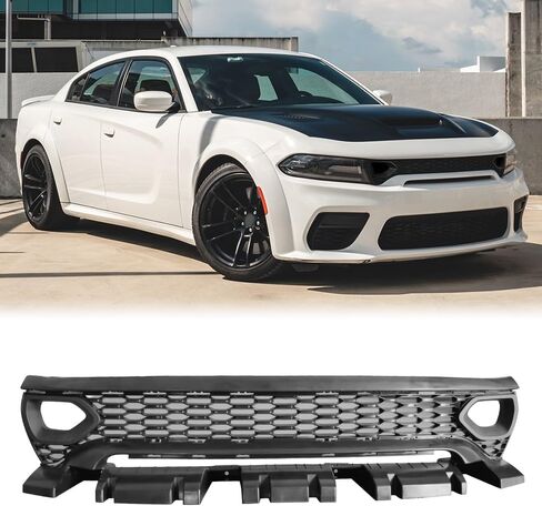 Grille, Compatible with 2020-2023 Dodge Charger Widebody, ABS Plastic SRT Scat Pack Style Front Bumper Upper Grill Grid Replacement Guard, Unpainted Black in Saudi Arabia