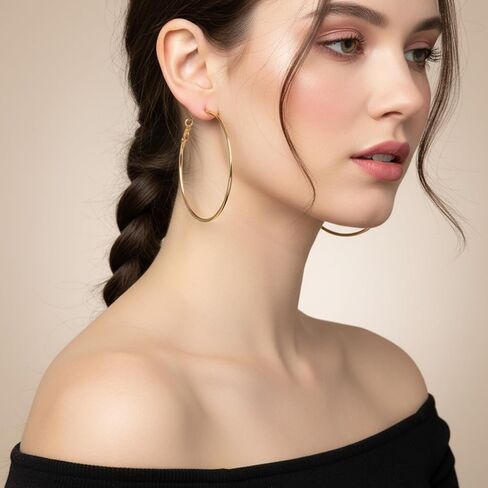 4 أزواج من الأقراط الحلقية المصنوعة من الفولاذ المقاوم للصدأ للنساء، 60 ملم مطلية بالذهب أقراط دائرية كبيرة خفيفة الوزن ورقيقة للنساء للآذان الحساسة in Kuwait