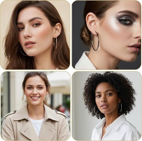 4 أزواج من الأقراط الحلقية المصنوعة من الفولاذ المقاوم للصدأ للنساء، 60 ملم مطلية بالذهب أقراط دائرية كبيرة خفيفة الوزن ورقيقة للنساء للآذان الحساسة in Kuwait