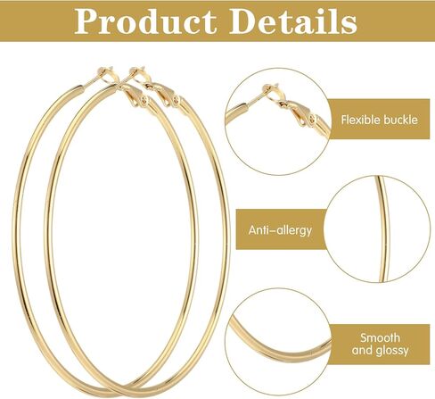 4 أزواج من الأقراط الحلقية المصنوعة من الفولاذ المقاوم للصدأ للنساء، 60 ملم مطلية بالذهب أقراط دائرية كبيرة خفيفة الوزن ورقيقة للنساء للآذان الحساسة in Kuwait