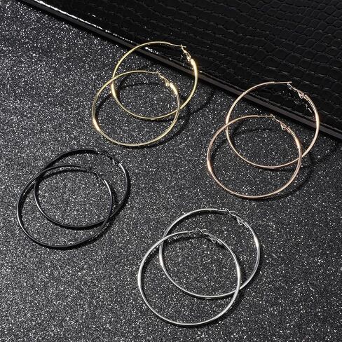 4 أزواج من الأقراط الحلقية المصنوعة من الفولاذ المقاوم للصدأ للنساء، 60 ملم مطلية بالذهب أقراط دائرية كبيرة خفيفة الوزن ورقيقة للنساء للآذان الحساسة in Kuwait