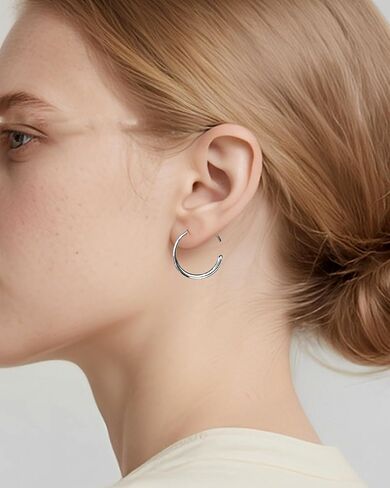 925 Sterling Silver Half Hoop Earrings for Women, Small Oval Pull Through Hoop Earrings, Lightweight Minimalist Circle Dangle Jewelry Hypoallergenic Threader Design for Sensitive Ears in Saudi Arabia