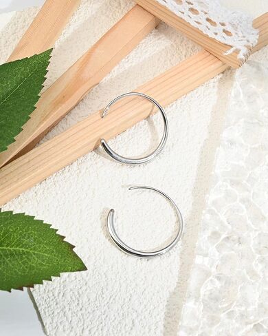 925 Sterling Silver Half Hoop Earrings for Women, Small Oval Pull Through Hoop Earrings, Lightweight Minimalist Circle Dangle Jewelry Hypoallergenic Threader Design for Sensitive Ears in Saudi Arabia
