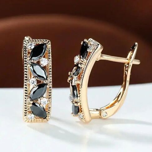 Elegant Zirconia Black Synthetic Gemstone Hollow Hoop Earrings for Women Vacation Party Fashion Jewelry in Saudi Arabia