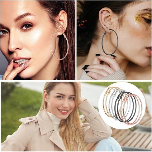 4 Pairs Stainless Steel Big Hoop Earrings for Women Gold Silver Rose Gold Black 2.3 Inch Large Circle Hoop Earrings in Kuwait