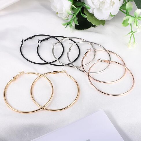 4 Pairs Stainless Steel Big Hoop Earrings for Women Gold Silver Rose Gold Black 2.3 Inch Large Circle Hoop Earrings in Kuwait