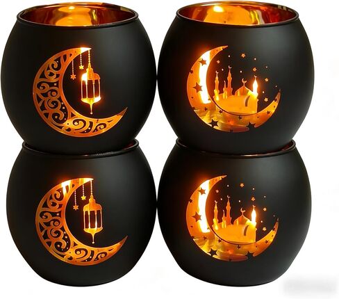 Black and Gold Ramadan Mubarak Decorations for Home - Set of 4 Glass Tealight Candle Holders, Eid Mubarak Table Centerpiece, Islamic Mosque & Lantern Silhouette Votives, Ramadan Kareem Gifts in Saudi Arabia