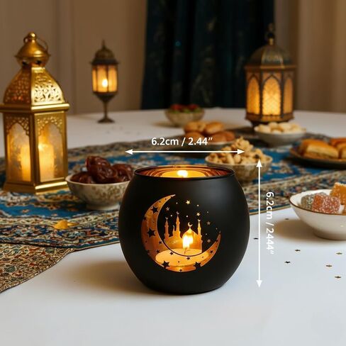 Black and Gold Ramadan Mubarak Decorations for Home - Set of 4 Glass Tealight Candle Holders, Eid Mubarak Table Centerpiece, Islamic Mosque & Lantern Silhouette Votives, Ramadan Kareem Gifts in Saudi Arabia