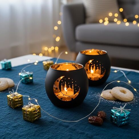 Black and Gold Ramadan Mubarak Decorations for Home - Set of 4 Glass Tealight Candle Holders, Eid Mubarak Table Centerpiece, Islamic Mosque & Lantern Silhouette Votives, Ramadan Kareem Gifts in Saudi Arabia