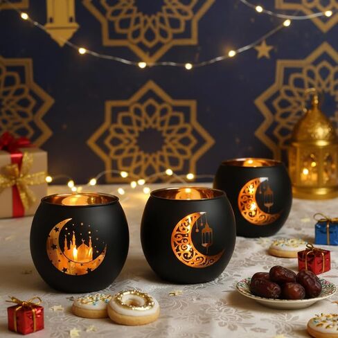 Black and Gold Ramadan Mubarak Decorations for Home - Set of 4 Glass Tealight Candle Holders, Eid Mubarak Table Centerpiece, Islamic Mosque & Lantern Silhouette Votives, Ramadan Kareem Gifts in Saudi Arabia