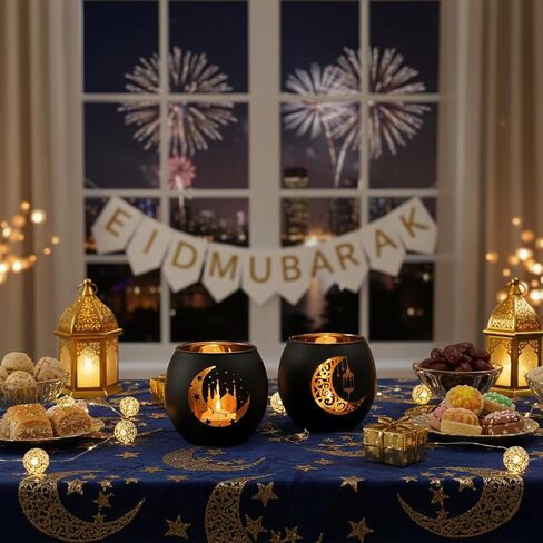 Black and Gold Ramadan Mubarak Decorations for Home - Set of 4 Glass Tealight Candle Holders, Eid Mubarak Table Centerpiece, Islamic Mosque & Lantern Silhouette Votives, Ramadan Kareem Gifts in Saudi Arabia