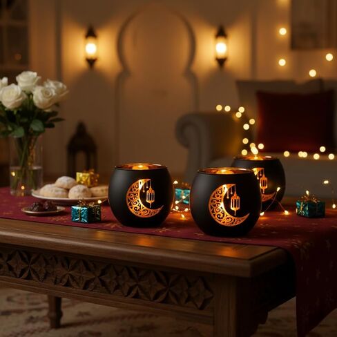 Black and Gold Ramadan Mubarak Decorations for Home - Set of 4 Glass Tealight Candle Holders, Eid Mubarak Table Centerpiece, Islamic Mosque & Lantern Silhouette Votives, Ramadan Kareem Gifts in Saudi Arabia