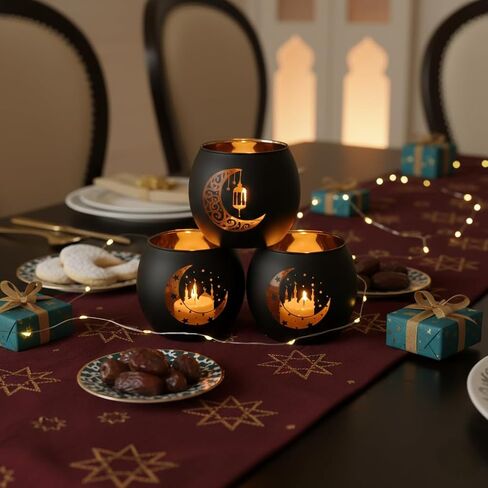 Black and Gold Ramadan Mubarak Decorations for Home - Set of 4 Glass Tealight Candle Holders, Eid Mubarak Table Centerpiece, Islamic Mosque & Lantern Silhouette Votives, Ramadan Kareem Gifts in Saudi Arabia