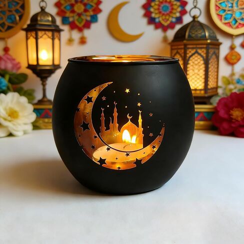 Black and Gold Ramadan Mubarak Decorations for Home - Set of 4 Glass Tealight Candle Holders, Eid Mubarak Table Centerpiece, Islamic Mosque & Lantern Silhouette Votives, Ramadan Kareem Gifts in Saudi Arabia