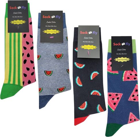 Watermelon Dress Socks 4 Pack Funny Novelty Crazy Fun Design Men Size 8-12 Cotton Casual Crew Colorful Funky Fancy Socks Gift for Men in Saudi Arabia