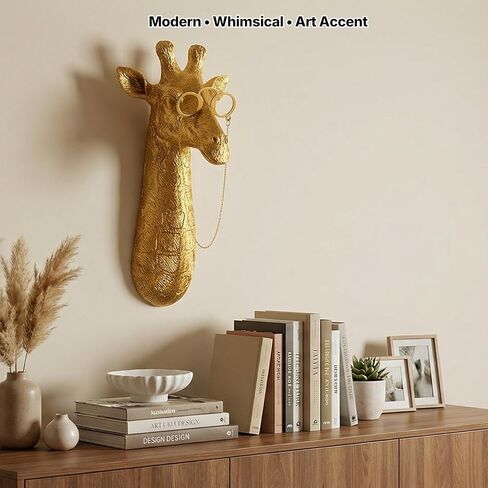 Juedawyal الذهبي الزرافة الحيوان رأس الحيوان ديكور الجدار مع النظارات، 11.5 "طويل القامة الراتنج الحيوان الجدار النحت، الذهب الحياة البرية جدار الفن لمكتب مدخل غرفة المعيشة in Kuwait