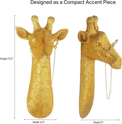 Juedawyal الذهبي الزرافة الحيوان رأس الحيوان ديكور الجدار مع النظارات، 11.5 "طويل القامة الراتنج الحيوان الجدار النحت، الذهب الحياة البرية جدار الفن لمكتب مدخل غرفة المعيشة in Kuwait