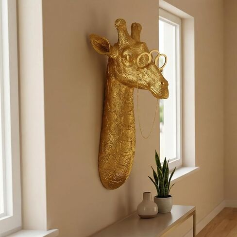 Juedawyal الذهبي الزرافة الحيوان رأس الحيوان ديكور الجدار مع النظارات، 11.5 "طويل القامة الراتنج الحيوان الجدار النحت، الذهب الحياة البرية جدار الفن لمكتب مدخل غرفة المعيشة in Kuwait