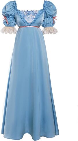 فساتين ريجنسي للنساء أنيقة مطرزة بكشكشة وخصر إمبراطوري فستان عصر ريجنسي دانتيل على شكل كرة فيكتورية أزرق L in Kuwait