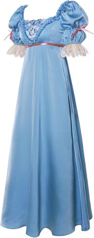 فساتين ريجنسي للنساء أنيقة مطرزة بكشكشة وخصر إمبراطوري فستان عصر ريجنسي دانتيل على شكل كرة فيكتورية أزرق L in Kuwait