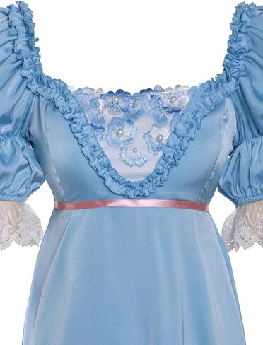 فساتين ريجنسي للنساء أنيقة مطرزة بكشكشة وخصر إمبراطوري فستان عصر ريجنسي دانتيل على شكل كرة فيكتورية أزرق L in Kuwait